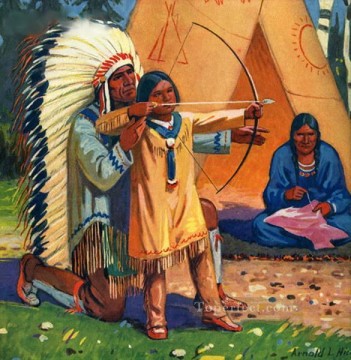 native american man teaching son to use bow and arrow Indian courser Oil Paintings